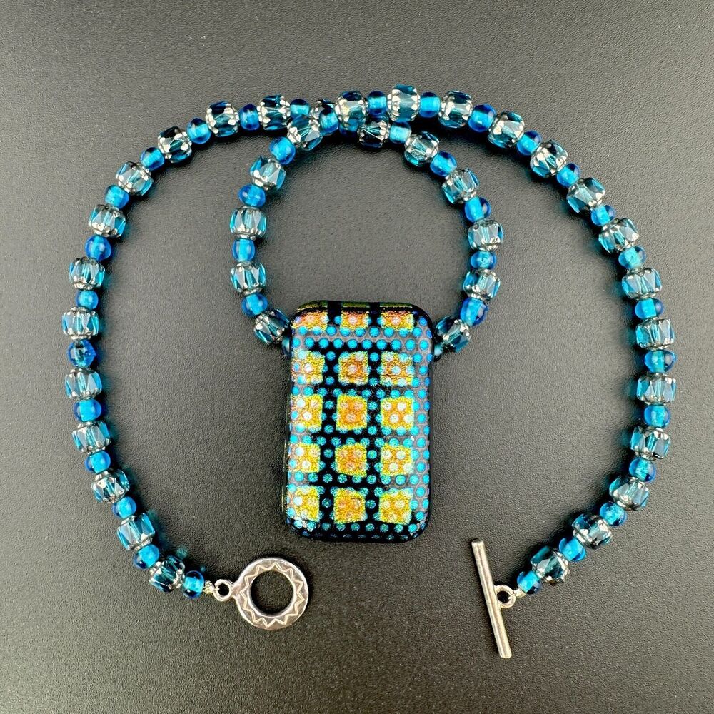 Gorgeous Dichroic Art Glass Beaded Necklace Sterling Silver 925 Toggle Blue 16.5